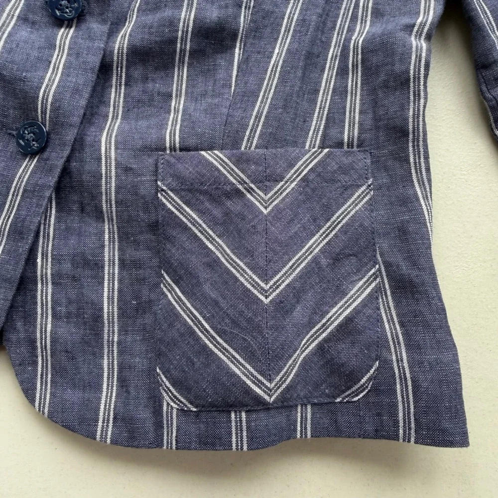 Cabi Women 8 Navy Blue White Stripe 100% Linen Anchor Button Blazer 871 Nautical